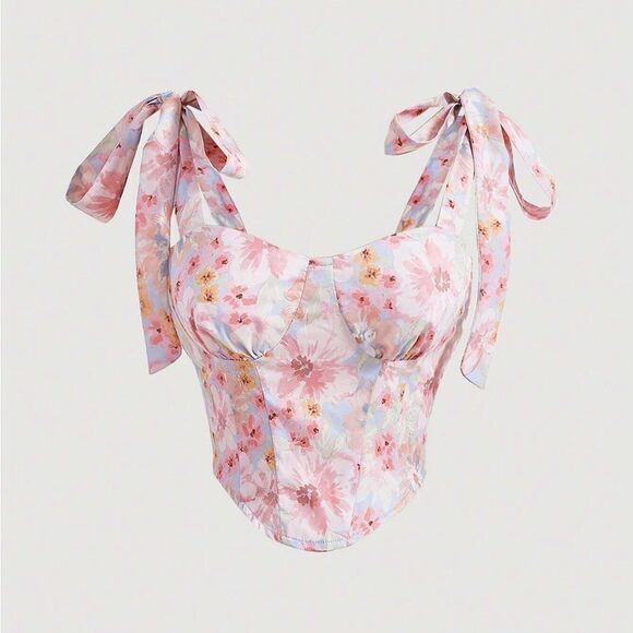 MOD Floral Print Tie Shoulder Curved Hem Cami Top small - Picture 1 of 8